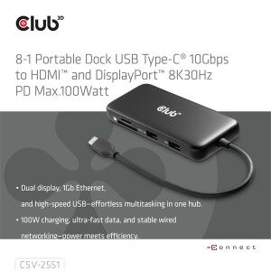 Club 3D CSV-2551 USB-C Hub HDMI, DisplayPort, USB-A, RJ45 és SD/MicroSD portokkal - Club3D