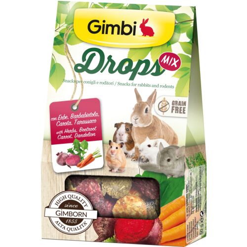 Gimbi Drops Mix 50g, gabonamentes snack nyulaknak és rágcsálóknak gyógynövényekkel, céklával, sárgarépával és pitypanggal - Rágcsálóeleség