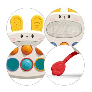 Колаж от характеристиките на сензорната играчка BabyOno Rabbit: лице, цифри, бутони, гризалка - Бебе & Малко дете