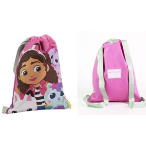 Netflix Gabby's Dollhouse Turnbeutel mit Kordelzug, rosa mit Charakterdruck, Vorder- und Rückansicht - Turnbeutel