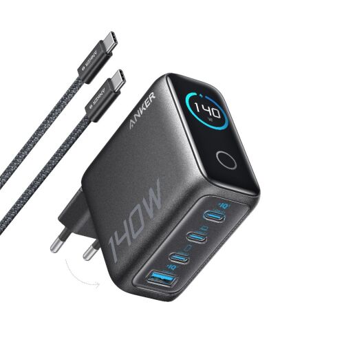 Incarcator de retea Anker Zolo 140W, Digital Display, 3x USB-C, 1x USB-A, PD 3.1, cablu USB-C inclus, Negru