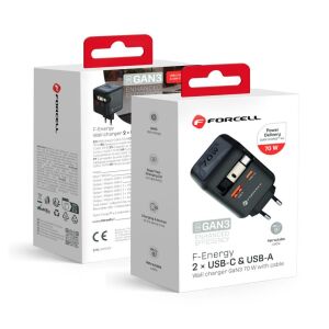 Ładowarka sieciowa do telefonu Forcell F-Energy GaN USB C + USB A + zwijany kabel USB C PD QC4.0 3A 70W VT-R7 szara 137371336 - Forcell