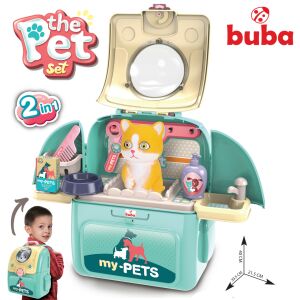 Buba Pet Care 2-в-1 Комплект за игра Раница с котка, аксесоари за грижа и дете, което я носи - Медицинска игра