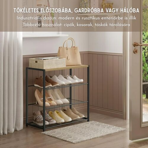 4-poschodový hnedý regál na topánky s kovovým rámom v predsieni