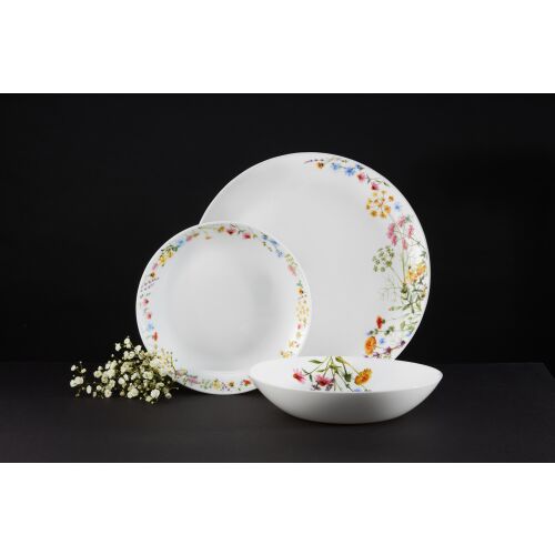 Ambition Bloom 18-piece dinnerware set with floral design, including dinner plates, soup bowls, and dessert plates.