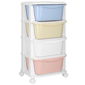 Ha0214 Rollcontainer mit 4 Pastellfarbenen Schubladen, weißer Rahmen, schräge Ansicht - Springos