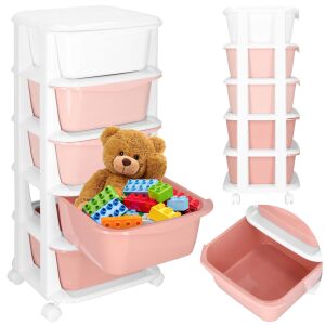 Ha0211 gurulós tároló szekrény 5 fiókkal, fehér váz, pasztell rózsaszín fiókok, játékok - Springos