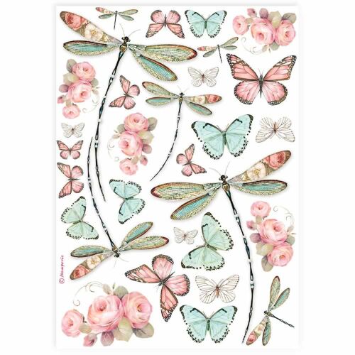 Dragonfly A4 rizspapír dekupázshoz pillangókkal és rózsákkal