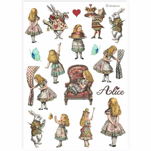 A4 Alice Csodaországban rizspapír dekupázshoz, vintage stílusú illusztrációkkal Alice-ről és más szereplőkről. - Rizspapír