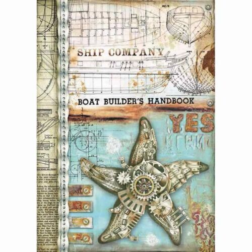 Dekupázs rizspapír A4 steampunk tengeri csillag és hajórajz mintával