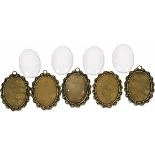 Fém medál lencsével, 30x40 mm, 5 db/csomag. Antik bronz ovális medál alap átlátszó üveg kabochonnal ékszerkészítéshez.