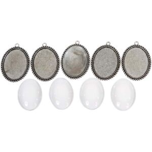 Ezüst fém medál lencsével, 30x40 mm, 5 db-os készlet. DIY ékszerkészítési kellékek. - Fém díszítőelem
