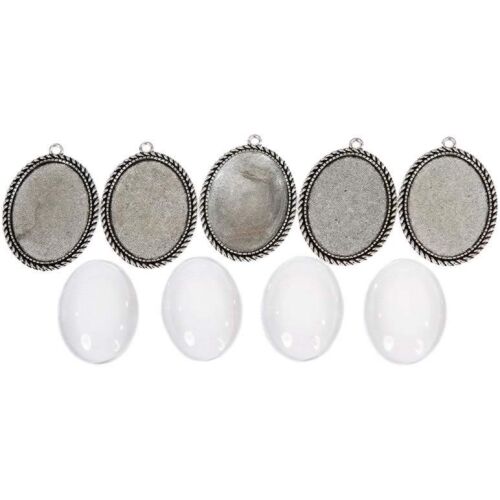 Ezüst fém medál lencsével, 30x40 mm, 5 db-os készlet. DIY ékszerkészítési kellékek.