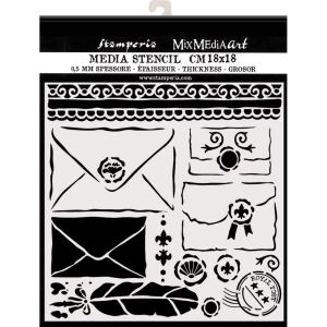 Stamperia Media Stencil 18x18 cm levél és boríték mintákkal kézműveskedéshez és mixed media művészethez - Iskolakezdés, iskolaszer