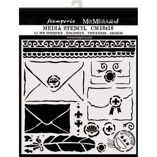 Stamperia Media Stencil 18x18 cm levél és boríték mintákkal kézműveskedéshez és mixed media művészethez