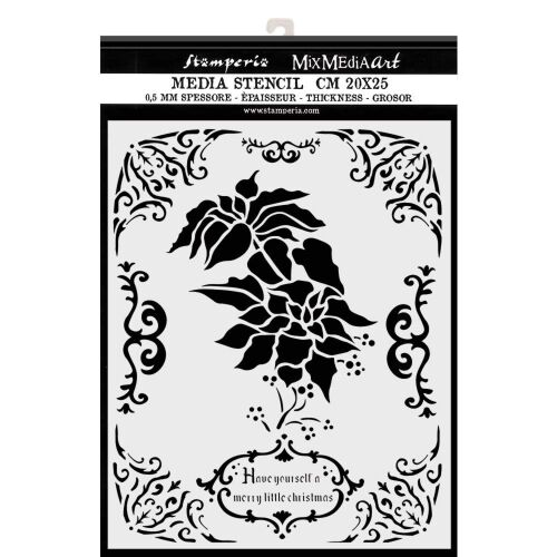Stamperia Media Stencil 20x25 cm Mikulásvirág és karácsonyi dísz mintával - Irodaszer és írószer