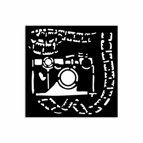 Vastag stencil 12x12 cm - Art of Travelling photography sablon kamera és filmtekercs mintával