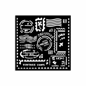 Vastag stencil 12x12 cm - Art of Travelling stamps. Bélyegző témájú stencil scrapbookhoz, kártyakészítéshez és vegyes technikájú művészethez. - Rajzsablon