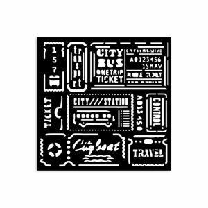 Art of Travelling sablon 12x12 cm utazási jegyekkel, busz, hajó, vonat mintával - Rajzsablon