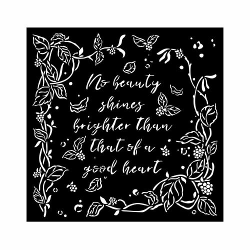 Vastag 18x18 cm-es sablon erdei kerettel, levelekkel és idézettel a szépségről és a jó szívről.