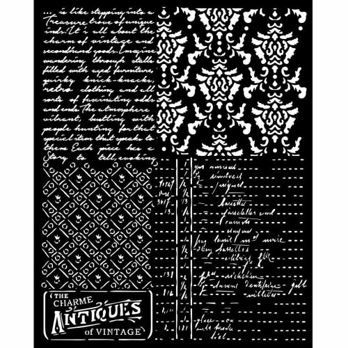 Vastag stencil 20x25 cm Brocante Antiques vegyes mintákkal DIY kézműves és lakberendezési projektekhez