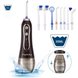 FunVita Profesjonalny Przenośny Irigator Jamy Ustnej z nasadkami i ilustracją napełniania wodą - Prysznic do ust
