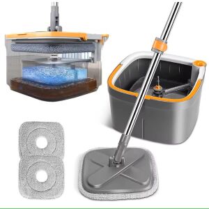 Set mop rotativ cu doua rezerve Arvada® CleanMagic, galeata patrata, dimensiuni 31x31x22cm compartimente separate, robinet de scurgere a apei, consum redus de apa, culoare gri
