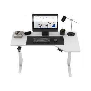 Állítható magasságú elektromos íróasztal fejhallgató tartóval, fehér, irodai környezetben - Mark Adler