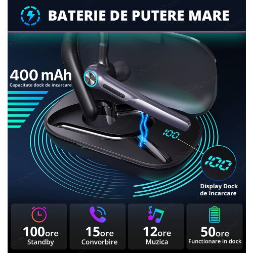 Professzionális Bluetooth 5.2 fejhallgató, kihangosító, zajszűrés, hangerő- és zeneszabályozás, 2 mikrofon, némítás funkció, Android és iOS kompatibilis, 400 mAh töltődoboz, 15 óra üzemidő, 7