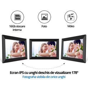 Digitális képkeret, LittleDomi, WiFi, Fotók/Videó, Fekvő/Portré, 8 hüvelyk, Felbontás 1280x800 HD IPS, Kapacitás 16 GB, USB foglalat, SD kártya, Hangszóró, Alkalmazás, Fekete 137453575 - Lakberendezés
