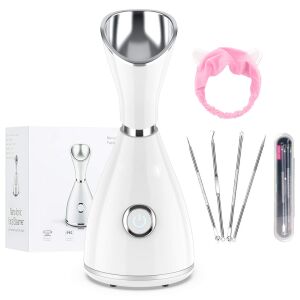 Sauna Faciala cu Bentita pentru Par si Set de 4 Pensete pentru Comedoane, Puncte Negre, Cosuri, Purificare Acnee, Ionizare, Curatare Profunda, Deschidere Pori, Abur Cald, Oprire Automata, Alb 137454237 - Aparate si accesorii pentru infrumusetare