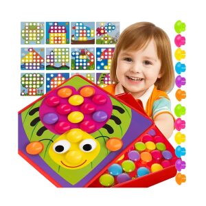 Gyerek gombmozaik puzzle gyerekkel, 12 kép, 45 színes gomb, Montessori játék - Iso Trade
