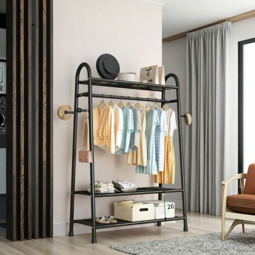 Czarny wieszak na ubrania – z wieszakami i półkami, 160x100x40 cm 137524883