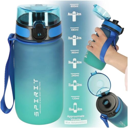 Spirit 600ml blau-grüne Wasserflasche mit Anwendungsbeispielen