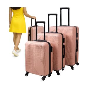 3 részes rózsaszín ABS bőröndszett forgó kerekekkel, nő húzza a bőröndöt - Trizand