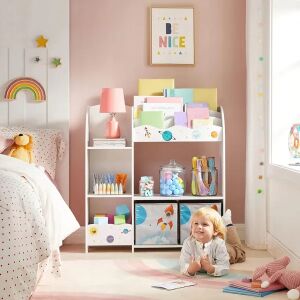 Bibliotecă albă pentru copii și organizator de depozitare a jucăriilor cu coșuri cu tematică spațială într-un cadru de cameră pentru copii. - Rafturi de depozitare și organizatori pentru jucarii