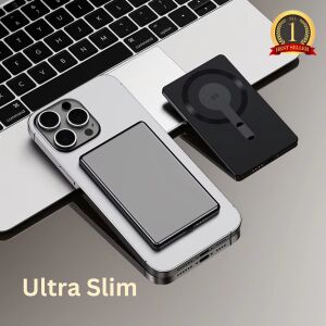 Ultravékony mágneses akkumulátor 5000mAh alumínium tok Magsafe szupererős mágnes – Gyorstöltés 15W vezeték nélkül és 20W kábelen keresztül, szürke