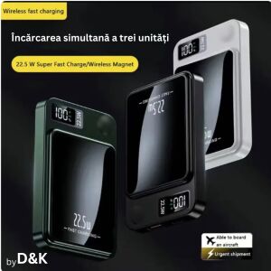 Vezeték nélküli külső akkumulátor, mágneses MagSafe, 10000 mAh, 22,5 W, iPhone 16 / 15 / 14 / 13 / 12 / 11 készülékekhez, Airpodsokhoz és egyebekhez, ajándék szobai hőmérő és páratartalom-mér