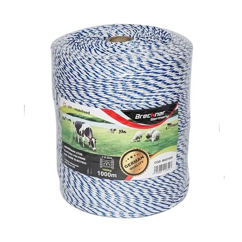 3 mm-es fehér-kék cérna tekercs, 3x0,2 mm, rozsdamentes acél, 7,8 Ohm/m, 1000 m-es villanypásztor, Breckner, Németország