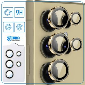 Kamerafilm-készlet Samsung Galaxy S24 Ultra készülékhez, egyedi lencsevédelemmel, üvegből készült, beállítási útmutatóval, átlátszó, arany kontúr