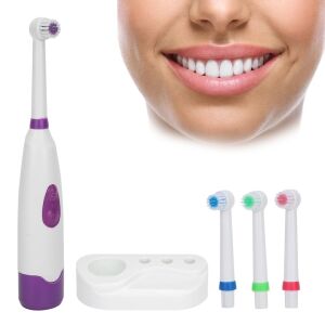 Elektromos fogkefe (elemes), 3 cserélhető fejjel, vízálló, ABS-ből készült, csúszásgátló tartóval, fehér