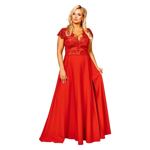 Dlhé elegantné šaty CRYSTAL s výšivkou, látka garbandina, s decentným rozparkom na nohavici, veľkosť 48, plus size, červené 137538868