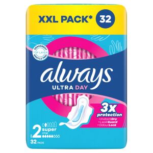 Always Ultra Super Damenbinden, XXL Packung mit 32 Stück, für Frauen, bietet 3-fachen Schutz - Damenbinden