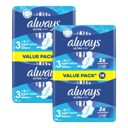 Két csomag Always Ultra Day Super Extra szárnyas egészségügyi betét, 2x14 darabos gazdaságos kiszerelés