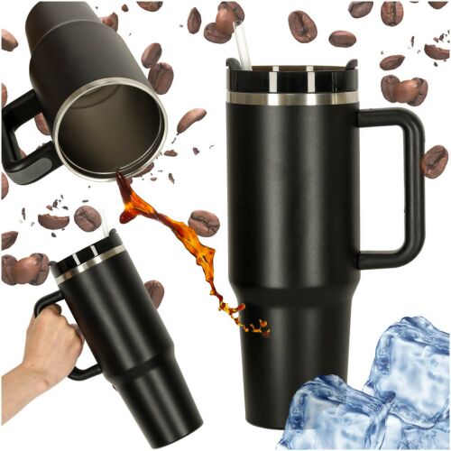 Termikus 1200ml schwarzer Thermobecher mit Griff und Strohhalm im Einsatz, Kaffee und Eis