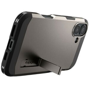 Szögletes nézet a Spigen Tough Armor Mag iPhone 16 Plus tokról, kihajtott kitámasztóval - Spigen