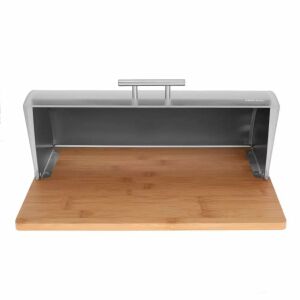 Kinghoff KH3210 ezüst kenyértartó doboz bambusz alappal, nyitott állapotban - Kinghoff