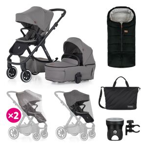 Petite&Mars ICON 2in1 Dove Grey babakocsi tartozékokkal: lábzsák, pelenkázótáska, pohártartó, esővédő, szúnyogháló - Petite&Mars