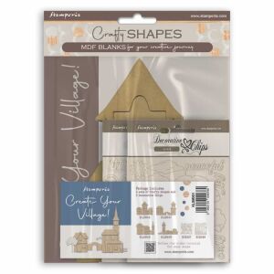 Stamperia Crafty Shapes Falu és Chipboard Készlet. MDF lapok falu készítéséhez. Dekoratív chipboard darabok mellékelve. - Stamperia
