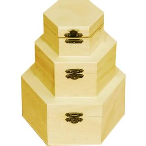 Set de 3 cutii cadou hexagonale din lemn cu închizători metalice, 16x16x8 cm - Obiect decorabil